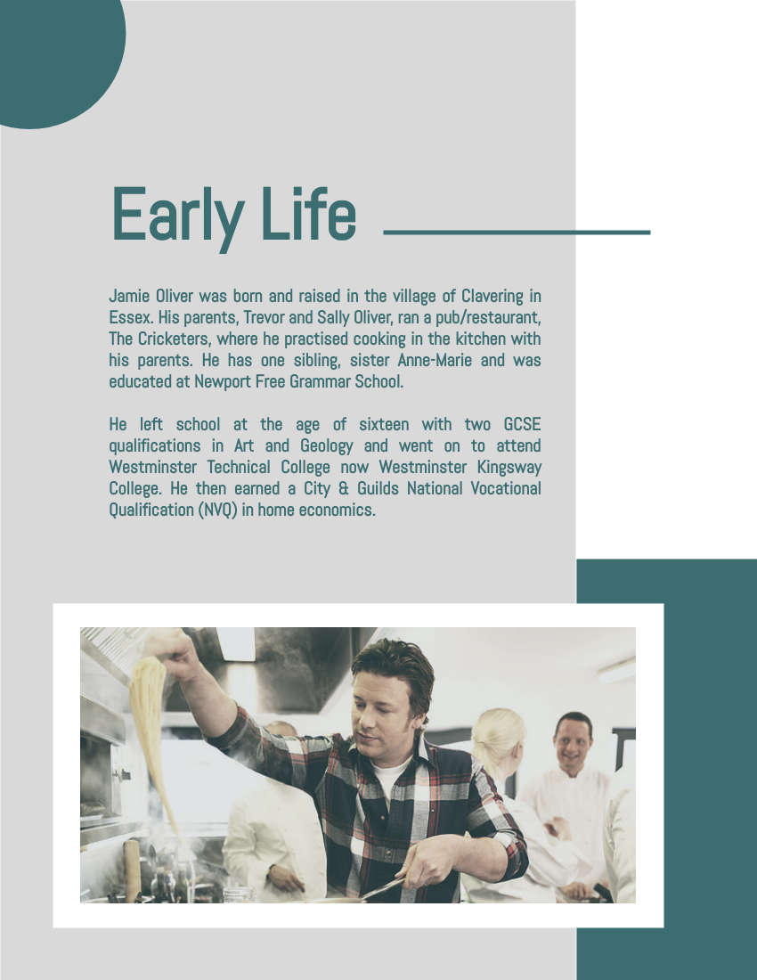 Biography template: Jamie Oliver Biography (Created by Visual Paradigm Online's Biography maker)