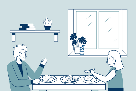 關係插圖 模板。 Couple Having Dinner Illustration (由 Visual Paradigm Online 的關係插圖軟件製作)