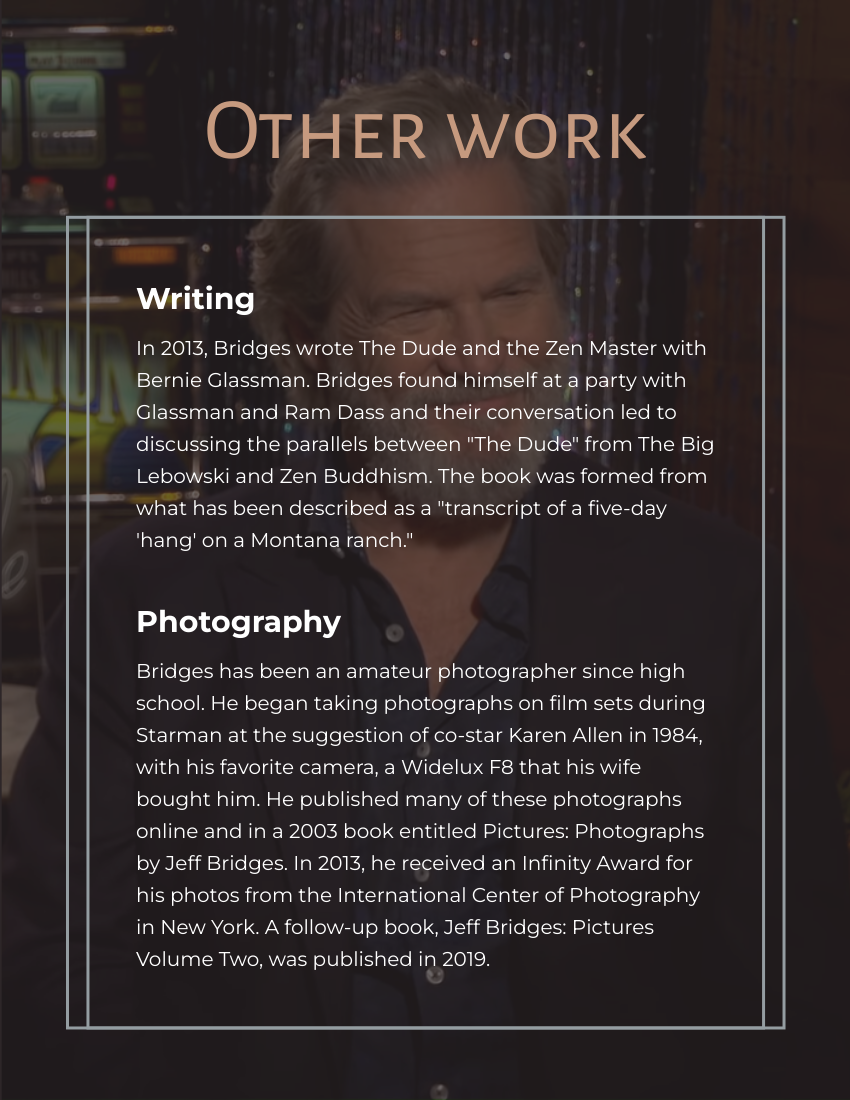 Biography template: Jeff Bridges Biography (Created by Visual Paradigm Online's Biography maker)