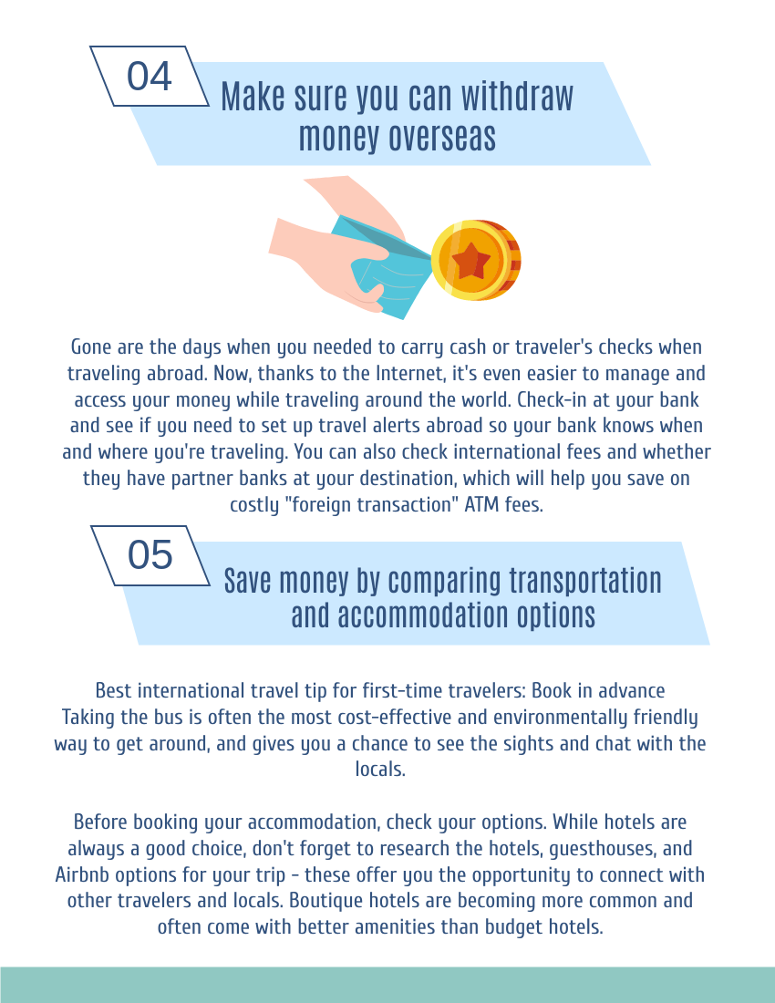 小冊子 模板。 7 Helpful international travel tips for first-time travelers (由 Visual Paradigm Online 的小冊子軟件製作)