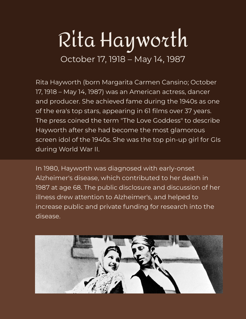 Biography template: Rita Hayworth Biography (Created by Visual Paradigm Online's Biography maker)
