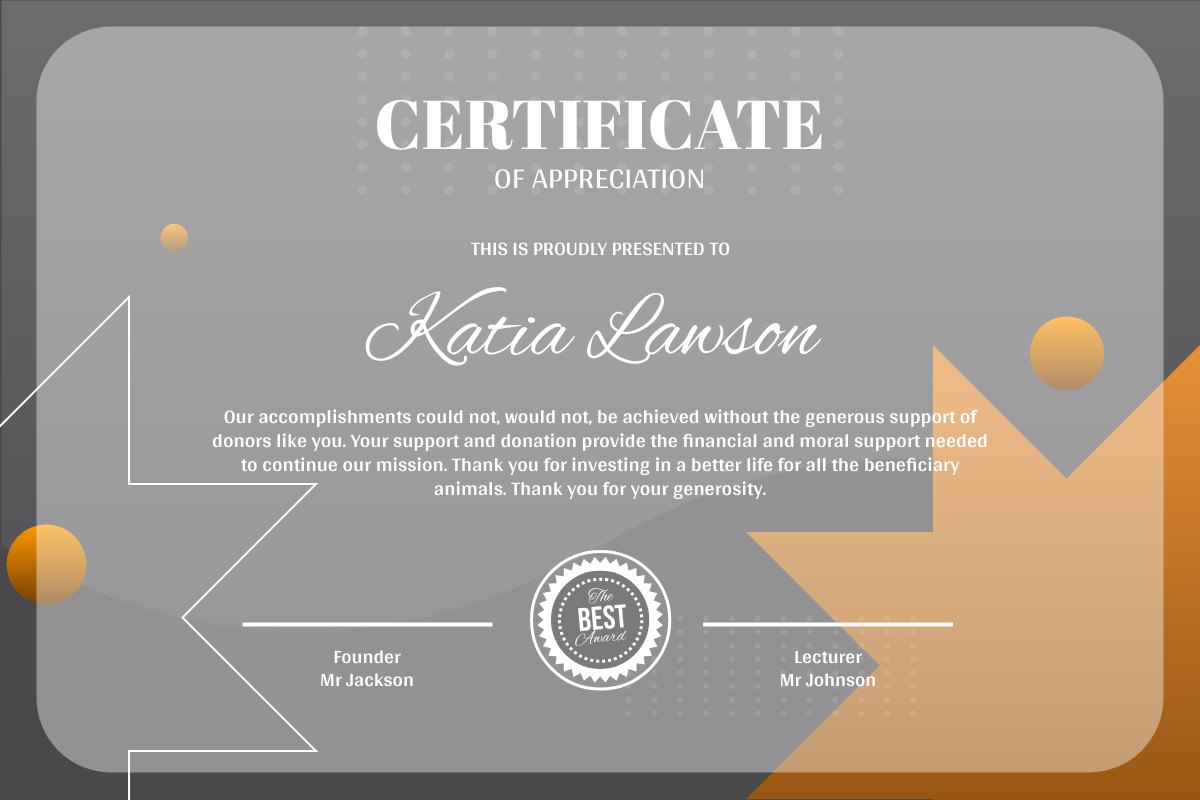 Certificate template: Black Donation Appreciation Certificate (Created by Visual Paradigm Online's Certificate maker)