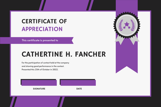 Certificate template: Purple And Black Polygon Appreciation Certificate (Created by Visual Paradigm Online's Certificate maker)