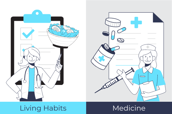Healthcare Illustration template: Healthy Living Habits Vs Medicine (Created by Scenarios's Healthcare Illustration maker)