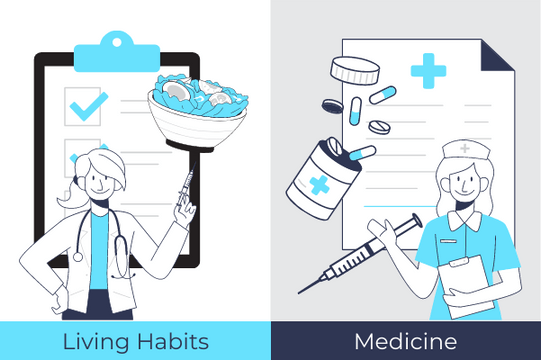 Healthcare Illustration template: Healthy Living Habits Vs Medicine (Created by InfoART's  marker)