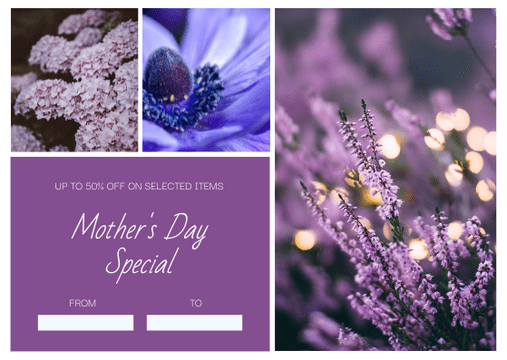 Editable giftcards template:Purple Floral Photo Frame Mother's Day Gift Card