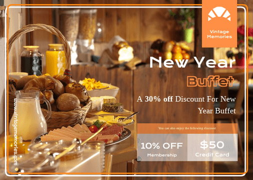 Editable giftcards template:Orange New Year Buffet Gift Card