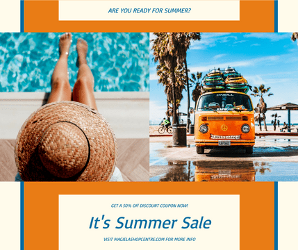 Editable facebookposts template:Orange And Blue Vacation Photo Summer Sale Facebook Post