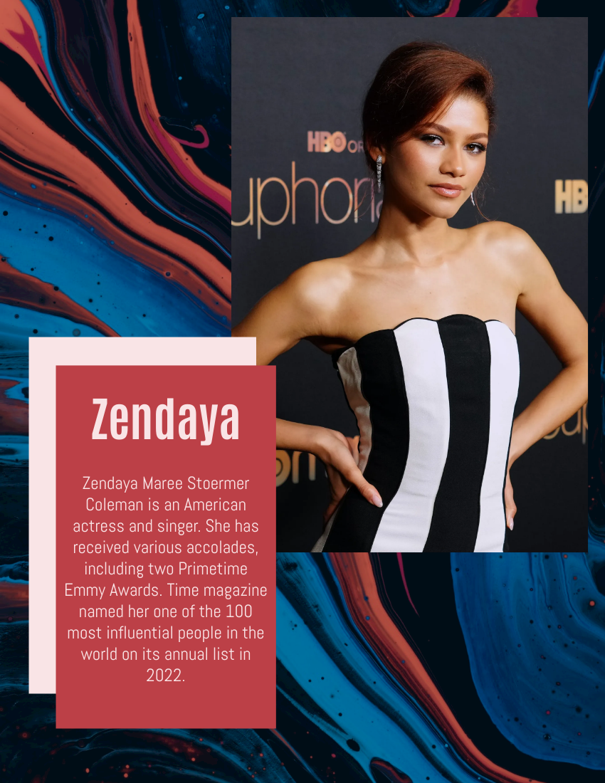 Biography template: Zendaya Biography (Created by Visual Paradigm Online's Biography maker)
