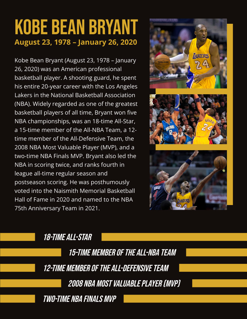 Biography template: Kobe Bryant Biography (Created by Visual Paradigm Online's Biography maker)
