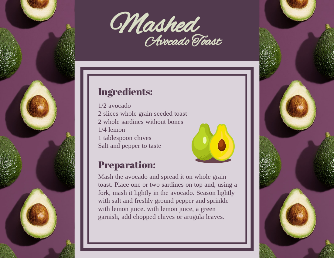 Recipe Card template: Mashed Avocado Toast Recipe Card (Created by Visual Paradigm Online's Recipe Card maker)