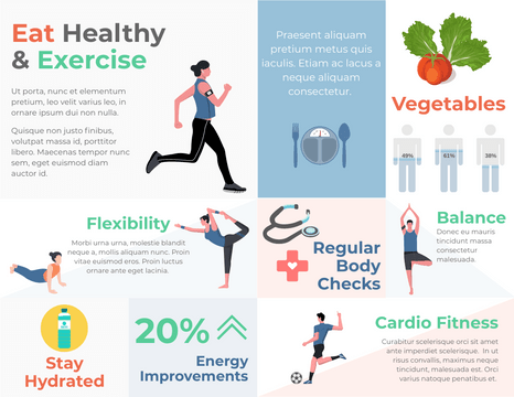 Editable infographics template:Healthy Exercise Diet Horizontal Infographic