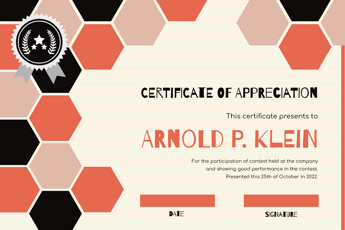 Certificate template: Orange And Black Hexagon Pattern Certificate  (Created by Visual Paradigm Online's Certificate maker)