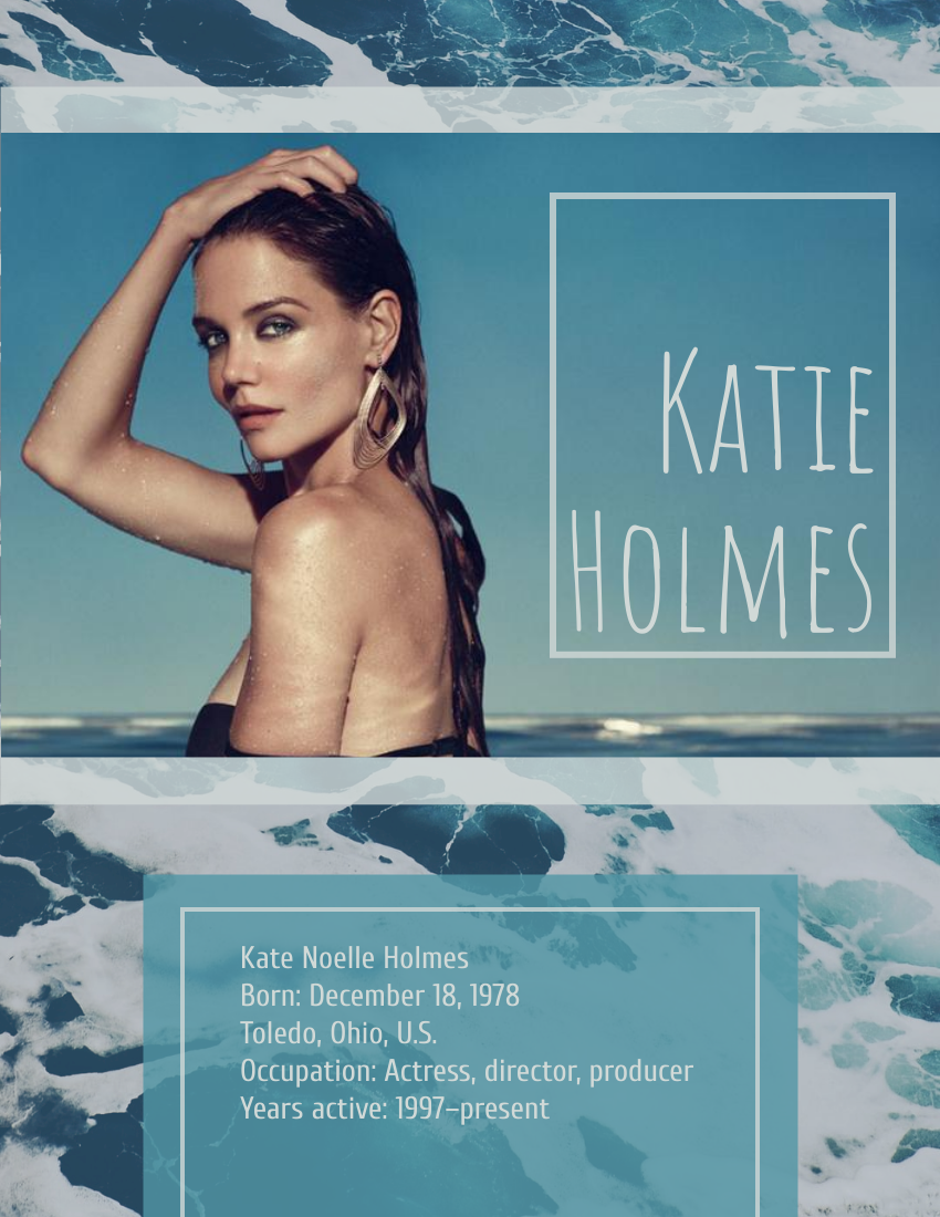 Biography template: Katie Holmes Biography (Created by Visual Paradigm Online's Biography maker)