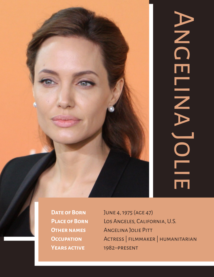 Biography template: Angelina Jolie Biography (Created by Visual Paradigm Online's Biography maker)