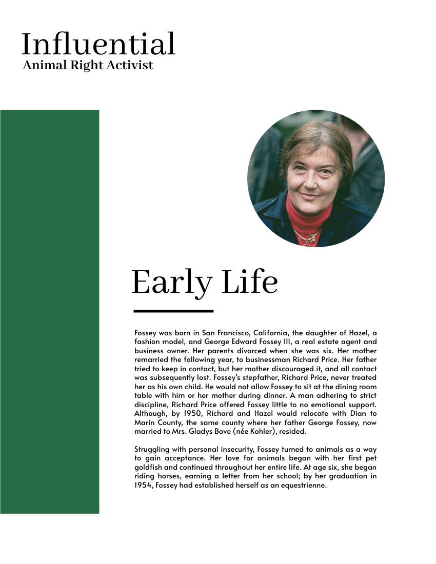 Biography template: Dian Fossey Biography (Created by Visual Paradigm Online's Biography maker)
