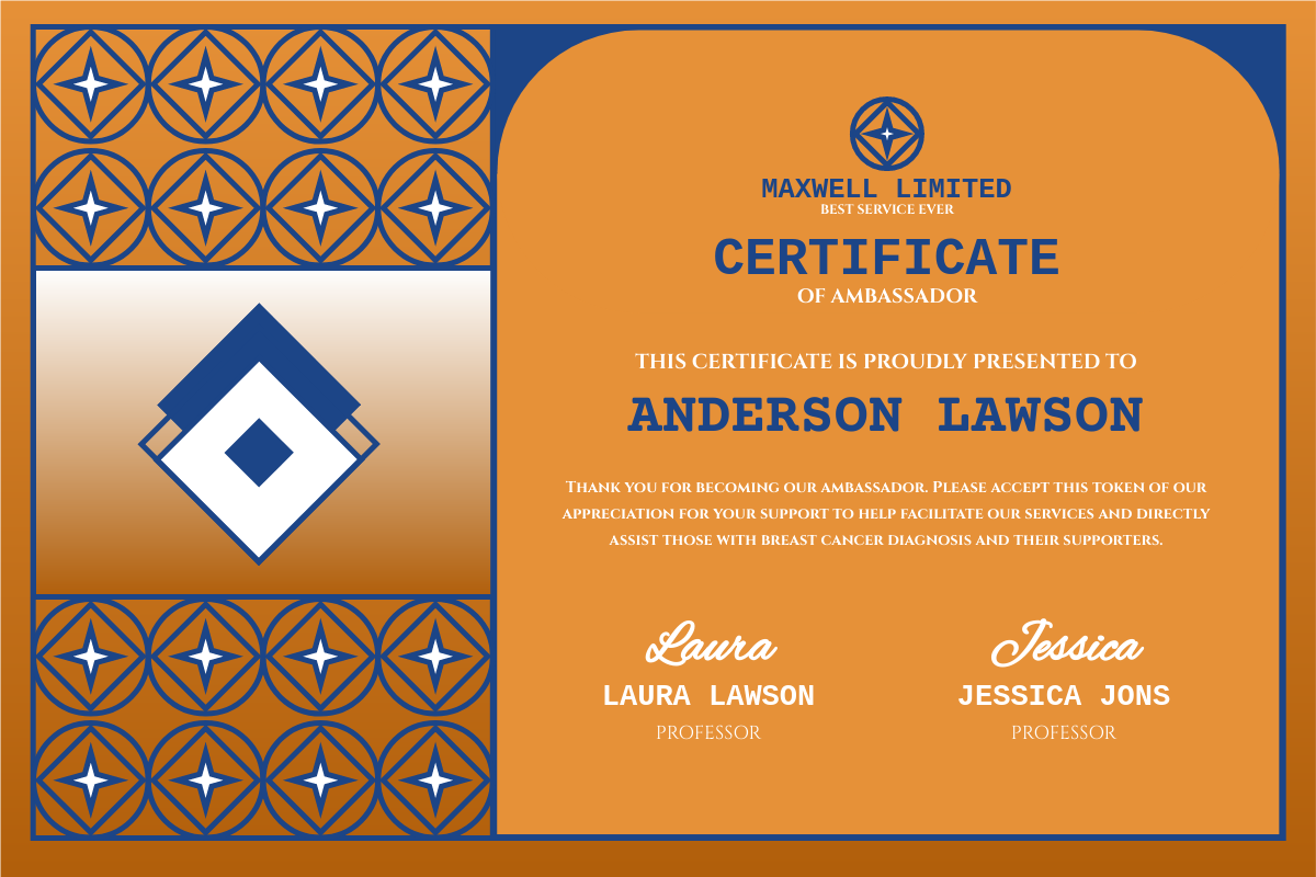 Certificate template: Passion Orange Ambassador Certificate (Created by InfoART's Certificate maker)