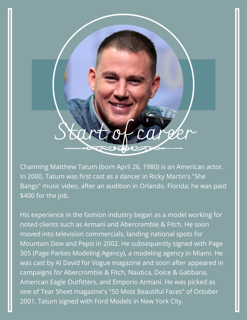 Biography template: Channing Tatum Biography (Created by Visual Paradigm Online's Biography maker)