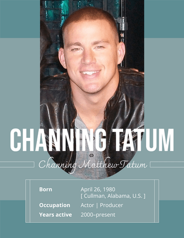 Biography 模板。Channing Tatum Biography (由 Visual Paradigm Online 的Biography软件制作)