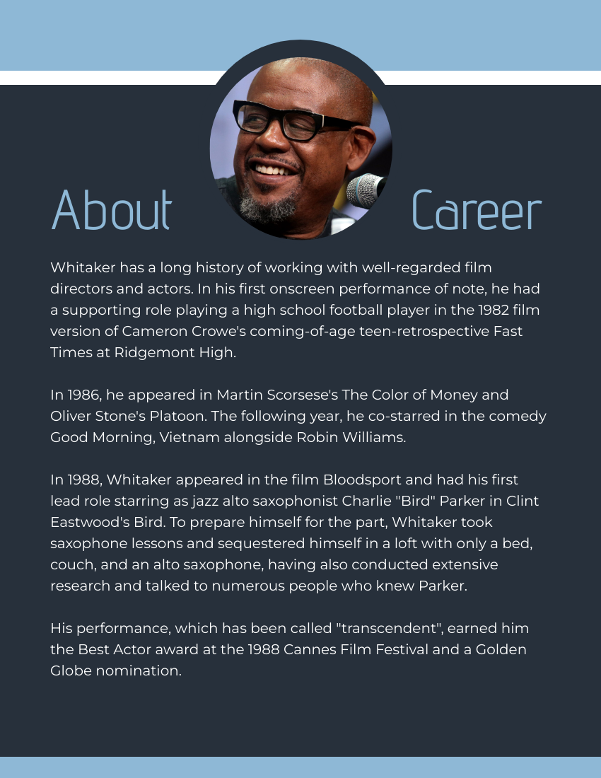 Biography template: Forest Steven Whitaker Biography (Created by Visual Paradigm Online's Biography maker)