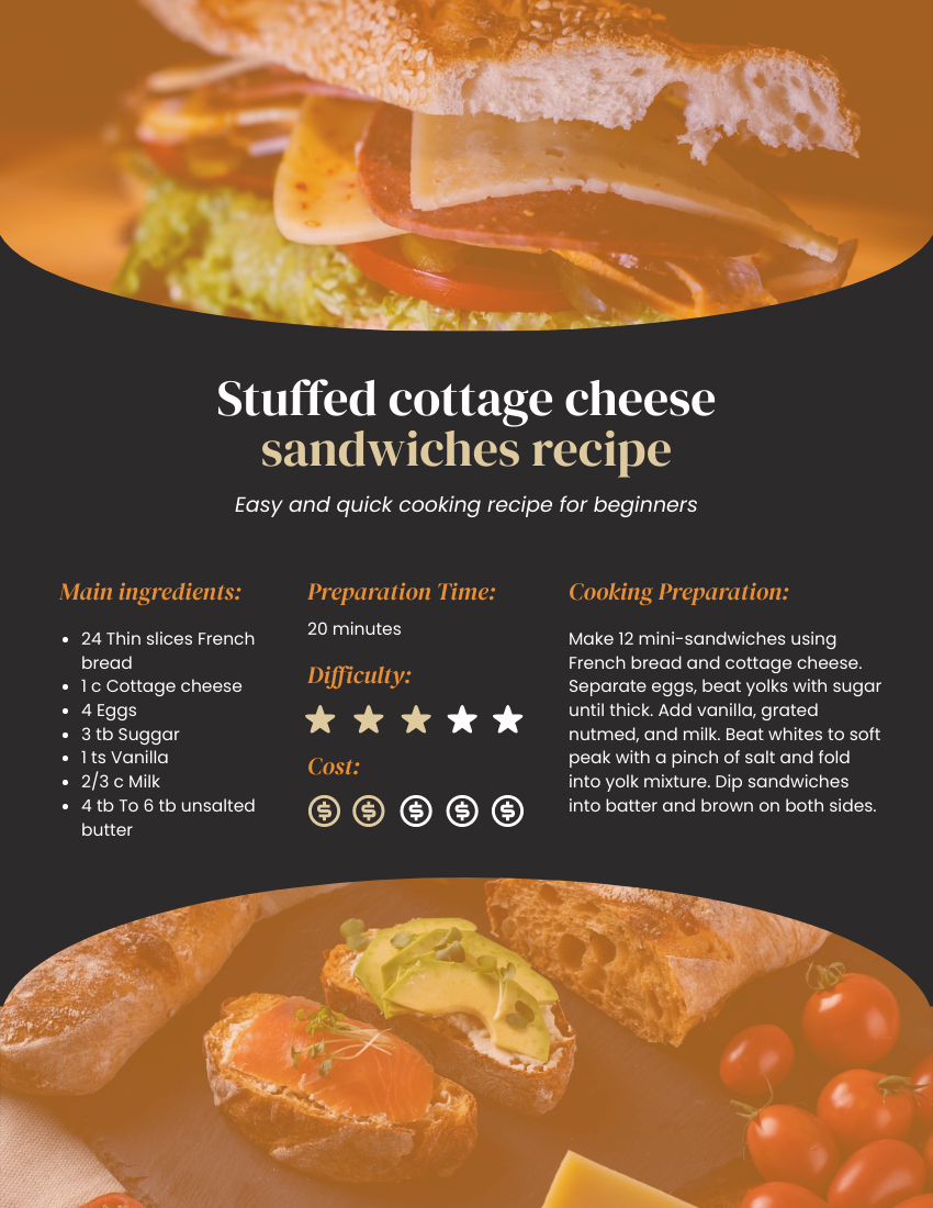 Recipe Card template: Stuffed Cottage Cheese Sandwiches Recipe  (Created by Flipbook's Recipe Card maker)