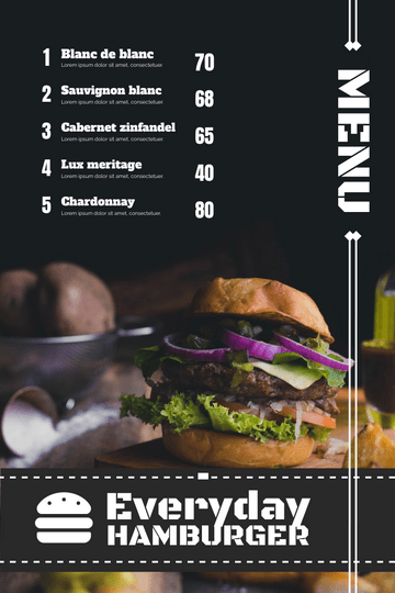 Menu template: Dark Hamburger Menu With White Words (Created by Visual Paradigm Online's Menu maker)