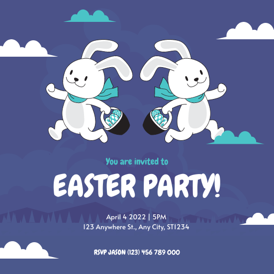Purple Blue Rabbit Cartoon Easter Party Invitation