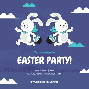 Editable invitations template:Purple Blue Rabbit Cartoon Easter Party Invitation