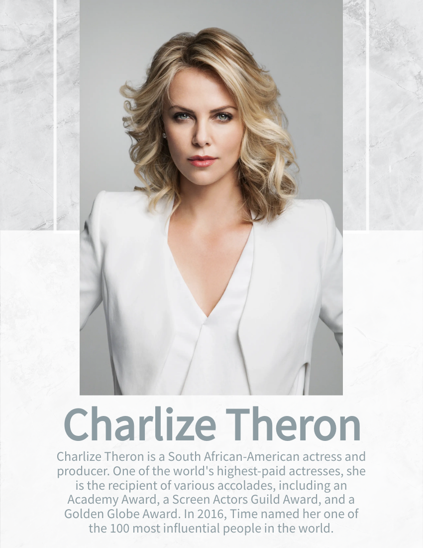 Biography template: Charlize Theron Biography (Created by Visual Paradigm Online's Biography maker)