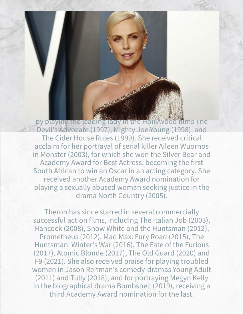 Biography template: Charlize Theron Biography (Created by Visual Paradigm Online's Biography maker)