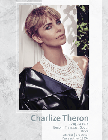 Biography 模板。 Charlize Theron Biography (由 Visual Paradigm Online 的Biography軟件製作)