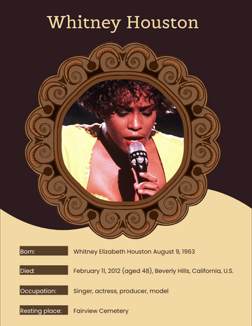 Biography 模板。 Whitney Houston Biography (由 Visual Paradigm Online 的Biography軟件製作)