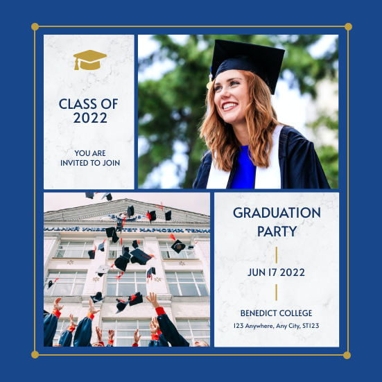 Invitation template: Blue And Gold Photo Grid Graduation Party Invitation (Created by InfoART's Invitation maker)