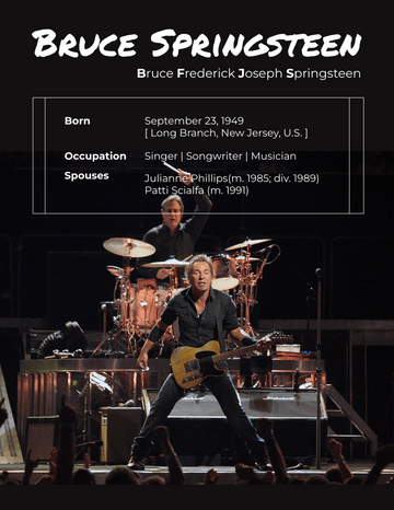 Biography 模板。 Bruce Springsteen Biography (由 Visual Paradigm Online 的Biography軟件製作)