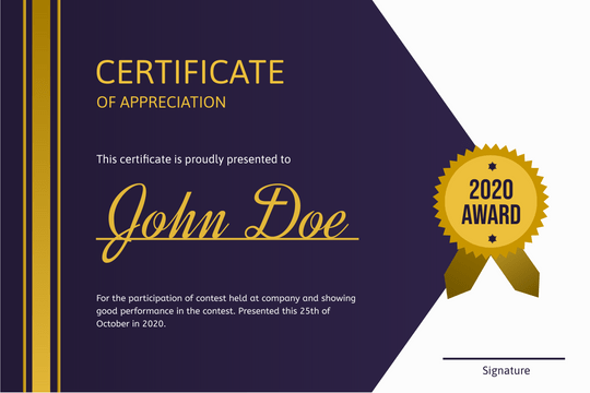 Certificate template: Gold and Purple Certificate (Created by Visual Paradigm Online's Certificate maker)