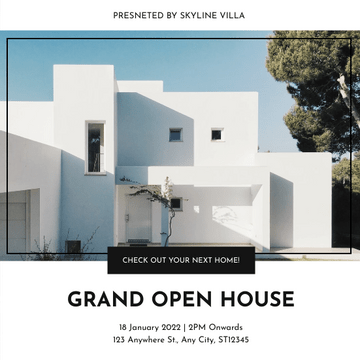Editable invitations template:Black And White Minimal Grand Open House Invitation