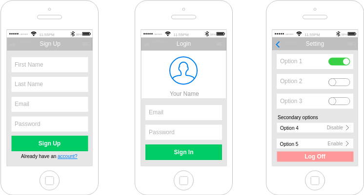 IOS Wireframe template: Sign up and Login Mockup (Created by Diagrams's IOS Wireframe maker)