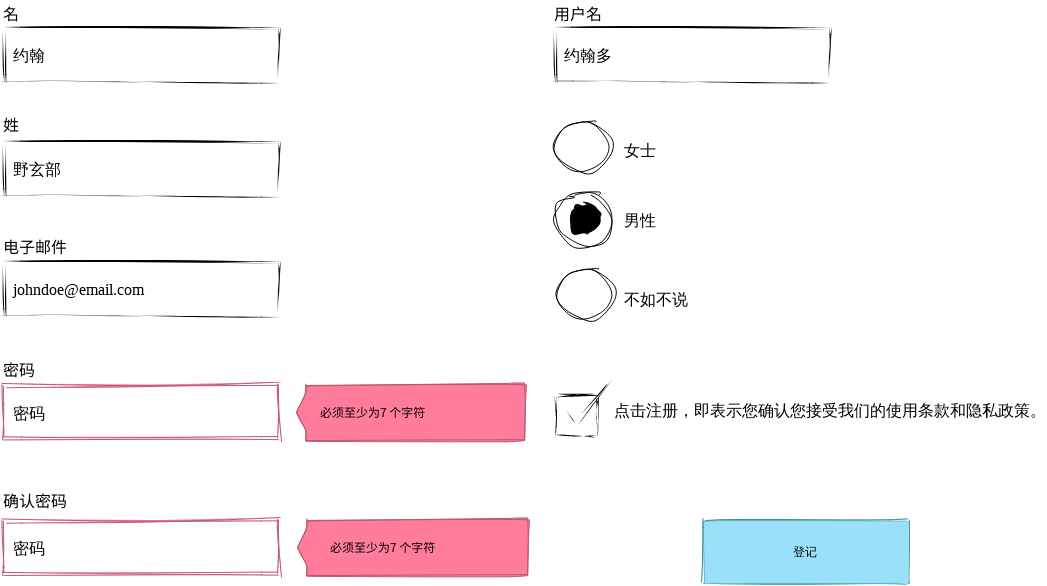 注册表单草图 UI (有线 UI 图 Example)