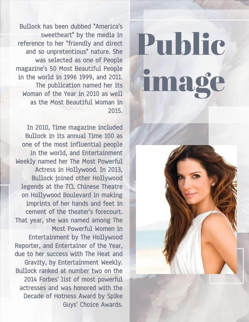 Biography template: Sandra Bullock Biography (Created by Visual Paradigm Online's Biography maker)