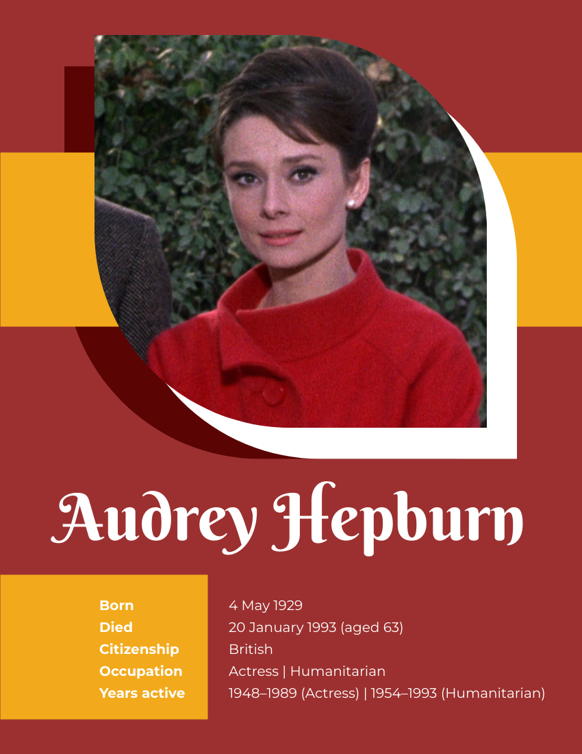Biography template: Audrey Hepburn Biography (Created by Visual Paradigm Online's Biography maker)