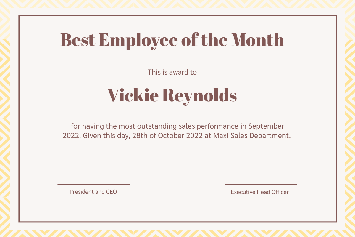 Certificate template: Best Employee Certificate (Created by Visual Paradigm Online's Certificate maker)