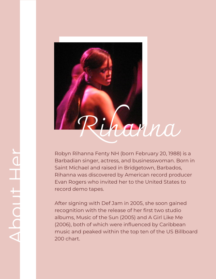 Biography template: Rihanna Biography (Created by Visual Paradigm Online's Biography maker)