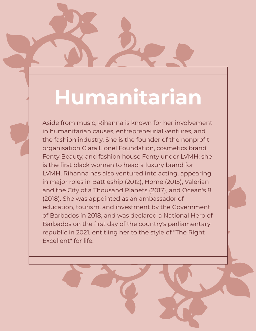 Biography template: Rihanna Biography (Created by Visual Paradigm Online's Biography maker)