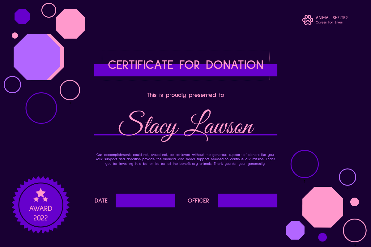 Certificate template: Hexagonal Certificate For Donation (Created by Visual Paradigm Online's Certificate maker)