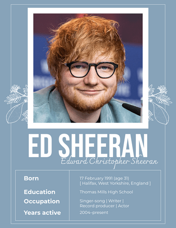 Biography 模板。 Ed Sheeran Biography (由 Visual Paradigm Online 的Biography軟件製作)