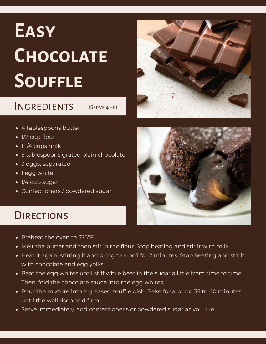 Recipe Card template: Easy Chocolate Souffle Recipe Card (Created by Visual Paradigm Online's Recipe Card maker)