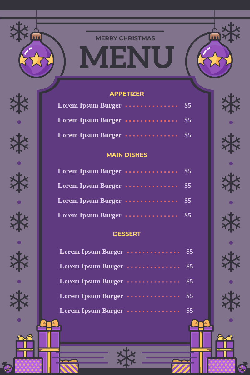 Menu template: Purple Christmas Meal Menu (Created by InfoART's Menu maker)