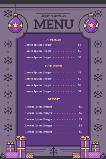 Editable menus template:Purple Christmas Meal Menu