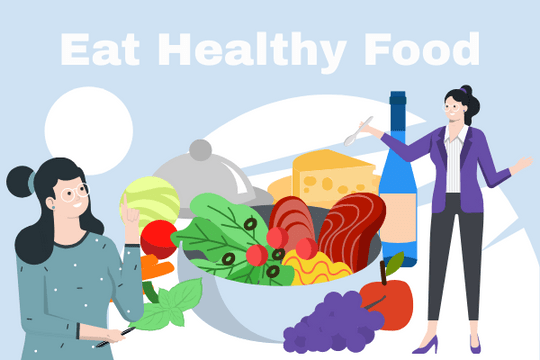 医疗保健插图 模板。Eat Healthy Food Together Illustration (由 Visual Paradigm Online 的医疗保健插图软件制作)