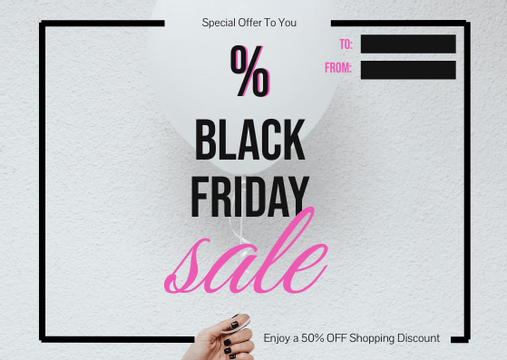 Gift Cards template: Pink and White Balloon Black Friday Special Offer Gift Card (Created by Visual Paradigm Online's Gift Cards maker)